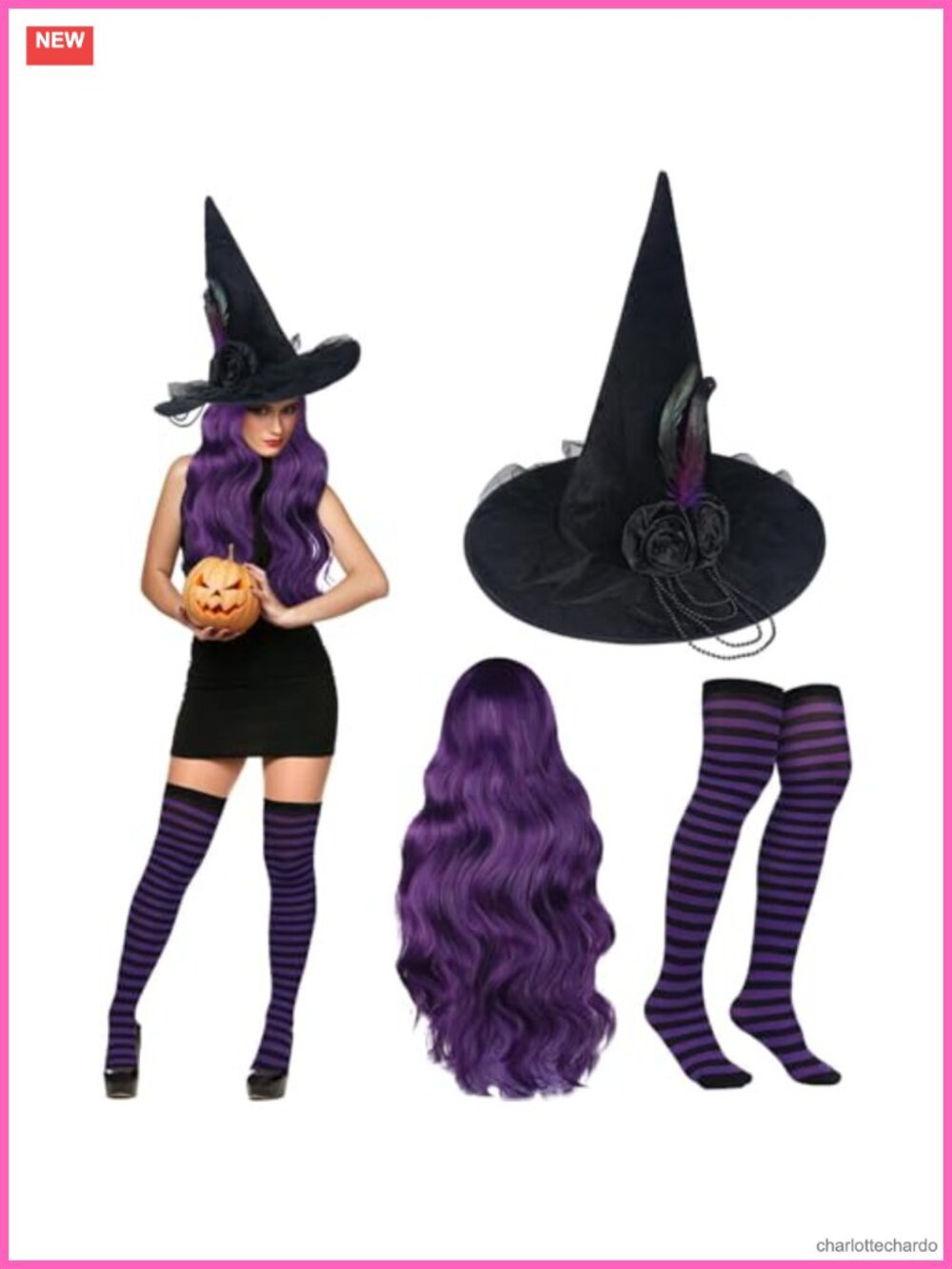 3 Pc Witch Costume Set Flannelette Hat Cosplay Wig Nylon Striped Stockings